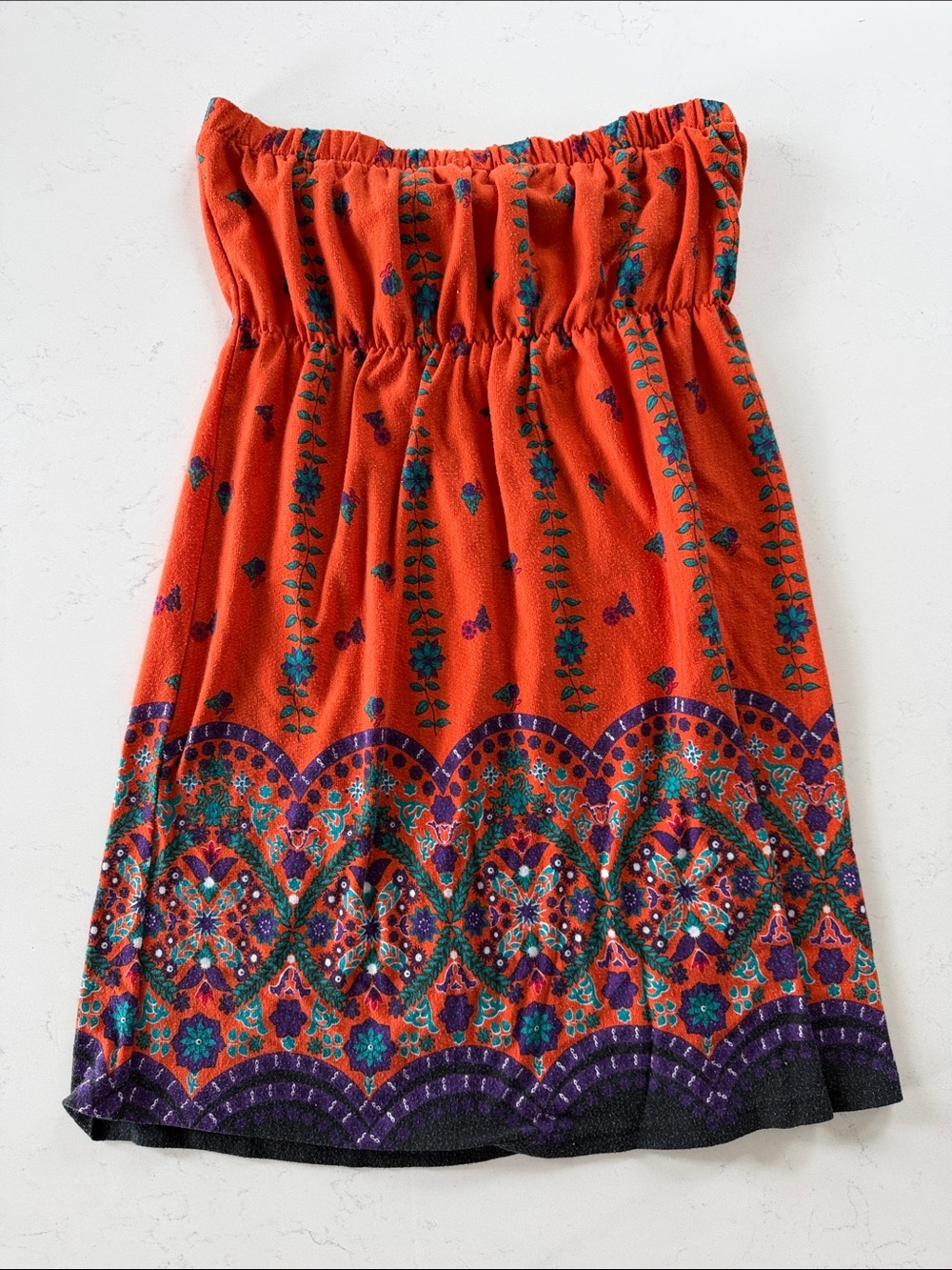 Solitaire Orange Strapless Mini Dress with Teal & Purple Border
